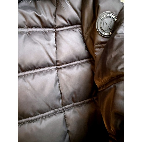 Nautica Womens Black Puffer Jacket Hooded Faux Fur Trim Water Resistant Size L - Picture 4 of 10
